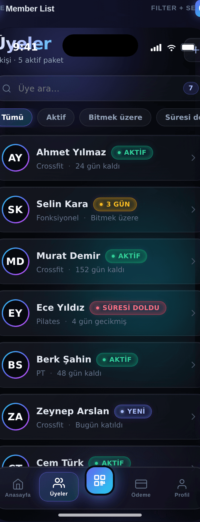 Üye listesi ekranı